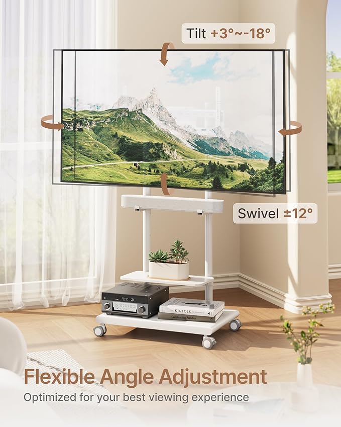 ECOTINY Steel Base Rolling TV Stand with Soundbar Mount for 37-75 inch TVs up to 154lbs, Swivel&Tilt Mobile TV Stand with Large Storage, Height Adjustable Heavy-Duty TV Cart, Max VESA 600x400mm, White