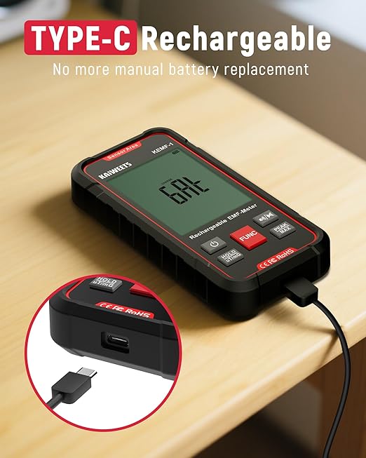 KAIWEETS EMF Detector, 3-in-1 Handheld EMF Meter Detects EF, RF, MF, WiFi Signal, Rechargeable Radiation Detector with 3 Color Backlight and Sound Alarm, Suitable for Home, Office, Ghost Hunting