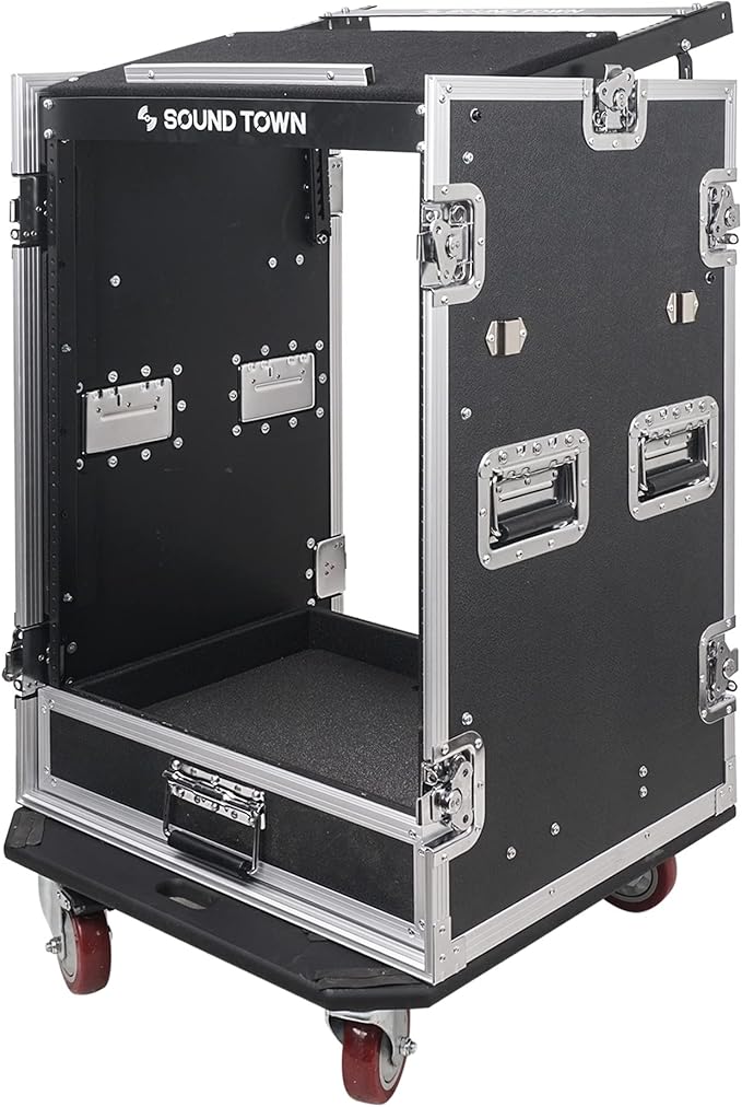 Sound Town 16U PA DJ Pro Audio Rack/Road ATA Case with 2U Drawer, 11U Slant Mixer Top, Two DJ Work Tables, Casters, Pro Tour Grade (MR-DR16UT2)