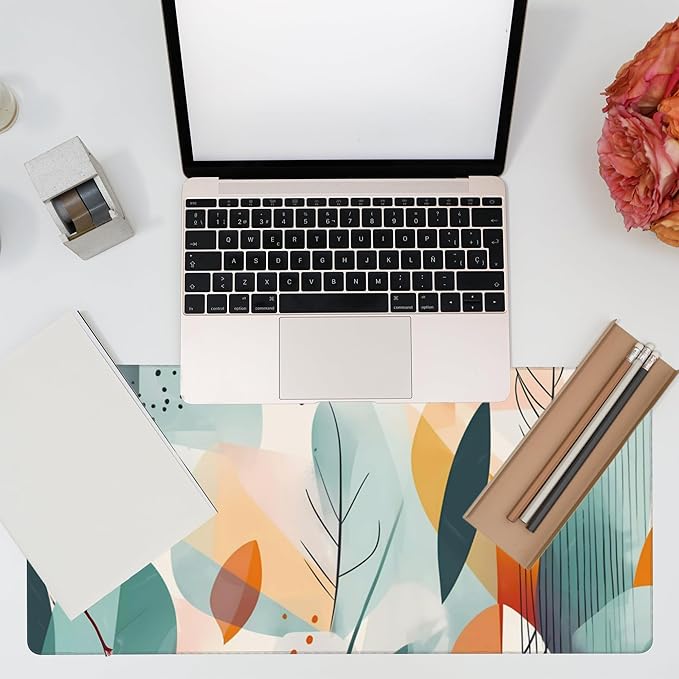 Eflxamz Desk Pad,Abstract Colorful Leaves Desk Mat,Abstract Line Art Large Gaming Mouse Pad for Desk,Extended Big Computer Keyboard Mouse Pad with Non-Slip Base and Stitched Edge,35.4"x15.7"