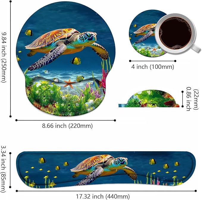 Keyboard Wrist Rest + Mouse Pad Wrist Support Set with Coasters, Non-Slip PU Base Ergonomic Mousepad for Home Office Working Studying Easy Typing & Pain Relief, Sea Turtle
