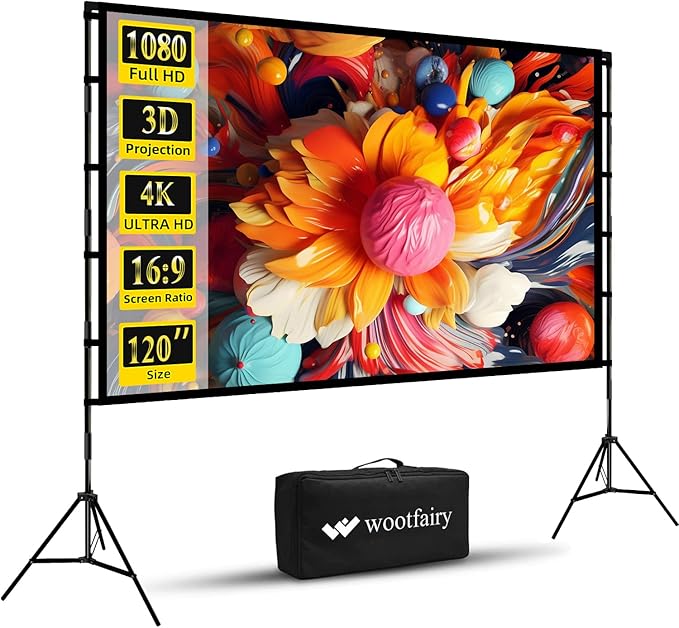 Projector Screen and Stand, Wootfairy 120 inch Foldable and Portable Projection Screen 16:9 4K HD Rear Front Wrinkle-Free Movie Screen with Carry Bag for Indoor Outdoor Home Theater Backyard Cinema