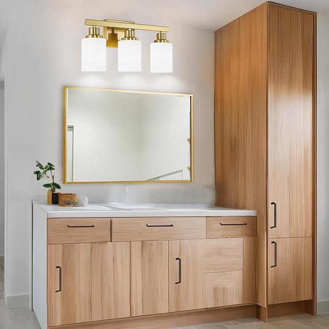 DIKAIDA 3-Light Gold Bathroom Light Fixtures, Modern Vanity Light with Milky White Glass Shade, Gold Wall Lamp Sconces for Mirror, Bedroom, Living Room, Hallway