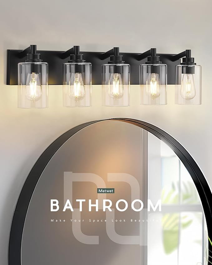 METWET 5-Light Bathroom Light Fixtures, 30 Inch Black Vanity Light with Cylinder Clear Glass Shade, Modern Vanity Lighting Fixtures Over Mirror, VL143-MB-5