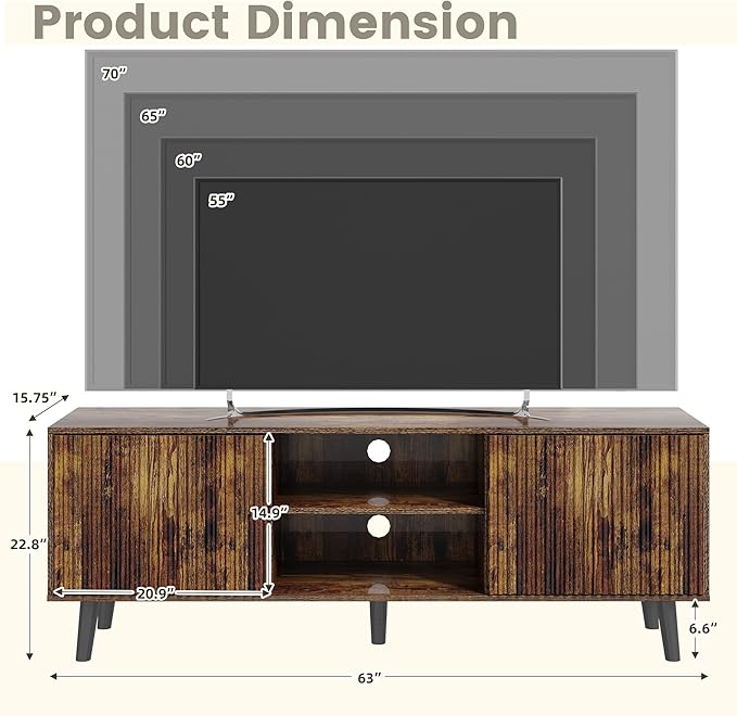 EROMMY 63'' Fluted TV Stand for 70 Inch TV, Modern Entertainment Center with Sliding Doors & Storage Cabinet, Mid Century Media TV Console for Living Room, Brown