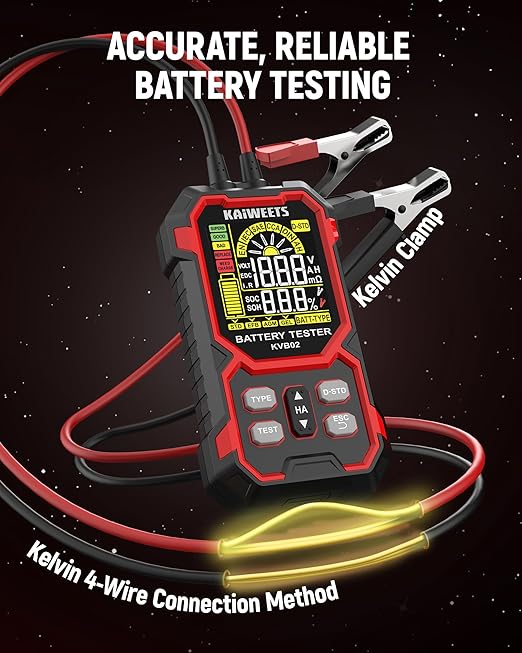 KAIWEETS Car Battery Tester, 12V/24V Automotive Battery Diagnostic Tool, 50-2000 CCA Load Capacity, Digital Battery Analyzer & Voltage Meter for Cars, Trucks, Motorcycles, SUVs, Boats & Marine Use