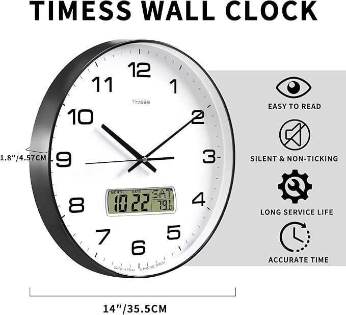 TIMESS Wall Clock, 14" Large Dial Non-Ticking Silent Battery Operated Analog with LCD Display for Perpetual Calendar and F° Temperature, Ideal Modern Home, Bedroom, Office Decor (Black)