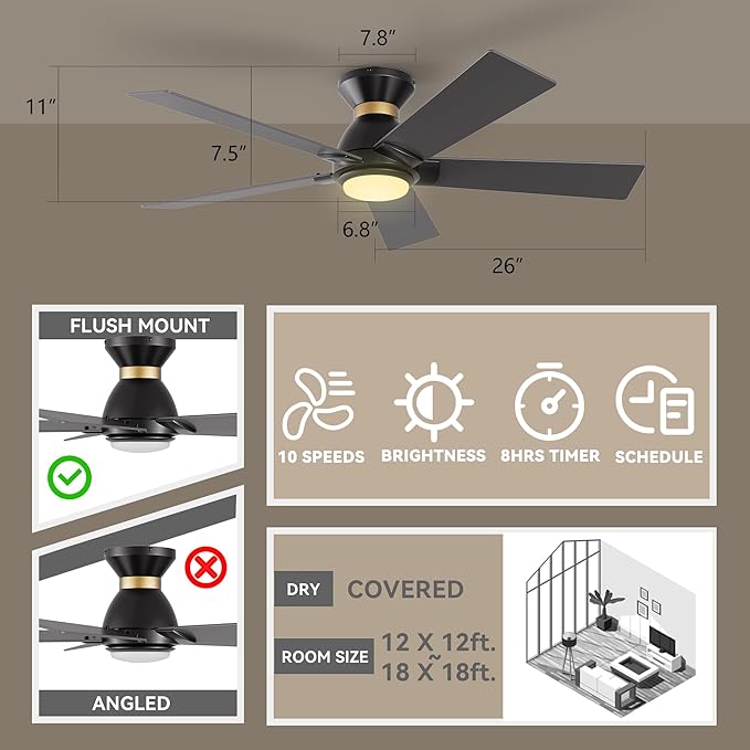 SMAAIR 52 Inch Smart Ceiling Fan with Light and Remote, Flush Mount Modern Ceiling Fan with lights,Compatible with Alexa/Google Assistant/Siri,Timer and Schedule,10 Speed DC Motor,Black