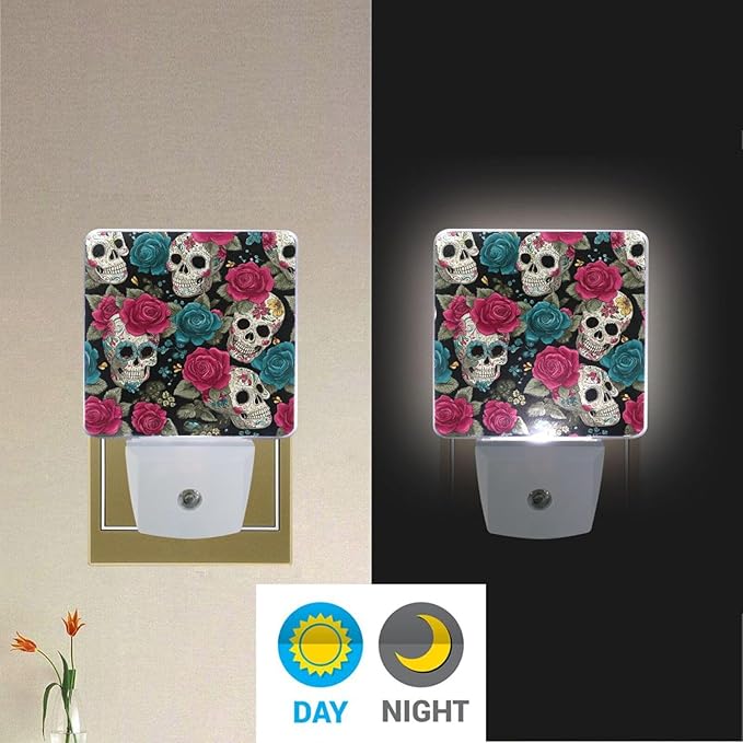 Pigsaly Led Night Light Halloween Sugar Skulls Pink Blue Roses Night Light Plug in Wall Lamp Smart Dusk to Dawn Sensor Nightlight Led Lamp Energy Saving Lights Gift for Kids Room Bedroom Bathroom Hal