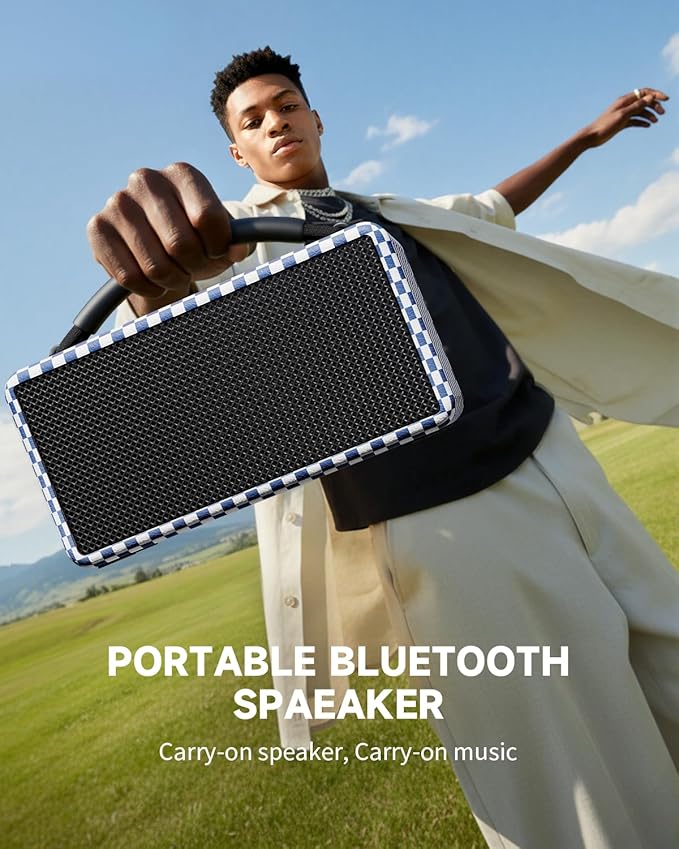 DINDIN Portable Bluetooth Speaker: 80W (Peak), 20H Playtime, Loud Wireless Wood Speakers with Bass, AUX and USB Input, Subwoofer, TWS Pairing, Vintage Speaker for Outdoor, Home, Office (Blue+White)