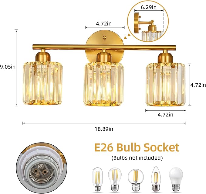 FDPBY Modern 3 Light Crystal Vanity Light, Brushed Gold Vertical Bathroom Light Fixture Over Mirror for Dressing Table Sink, Compatible with Dimmable Bulbs (Bulbs Not Included)