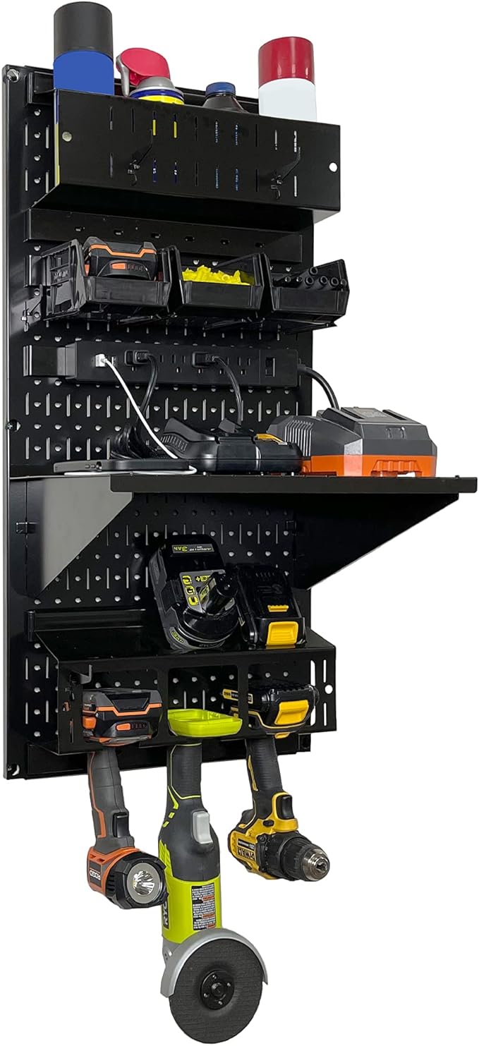 Wall Control Power Tool Storage Organizer Kit Cordless Drill Holder Charging Station Rack 16” x 32” Metal Pegboard Organization System (Black Pegboard)