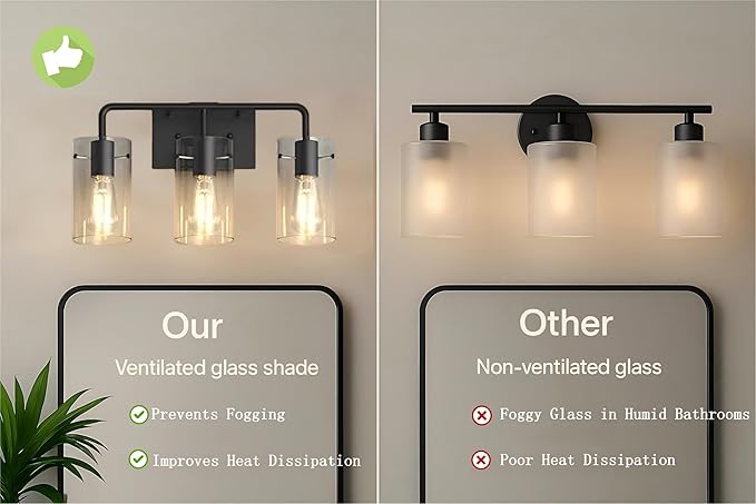 L LOHAS LED 3-Light Bathroom Light Fixtures, 17.71" Black Bathroom Vanity Light with Straight Glass Shades, Modern Vanity Lights for Bathroom Light Fixtures Over Mirror Living Room Hallway, E26, ETL