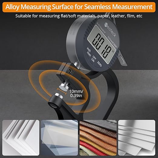 Neoteck Digital Thickness Gauge 0.5inch/12.7mm,0.0005inch/0.01mm LCD Display with Inch/MM Conversion One-Hand Quick Press Thickness Measuring Tool for Leather Paper Fabric Film etc.-Silver-Grey