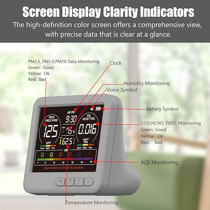 Professional Indoor Air Quality Monitor with 7X AQI,16 in 1 Portable Real-Time Detector for PM2.5 | PM10 | CO2 | TVOC | HCHO | Temp | Hum for Home Cars Plants Pets (Gray)
