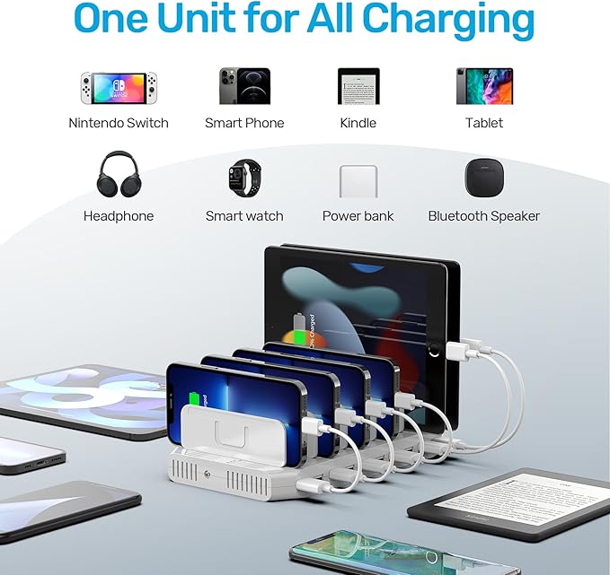 【10PCS】 Unitek Multi Charging Station, 10-Port USB Charger for Multiple Device with SmartIC Tech and Adjustable Dividers, Organizer Stand Compatible with iPad, Tablet, Kindle, iPhone - 10PCS, White