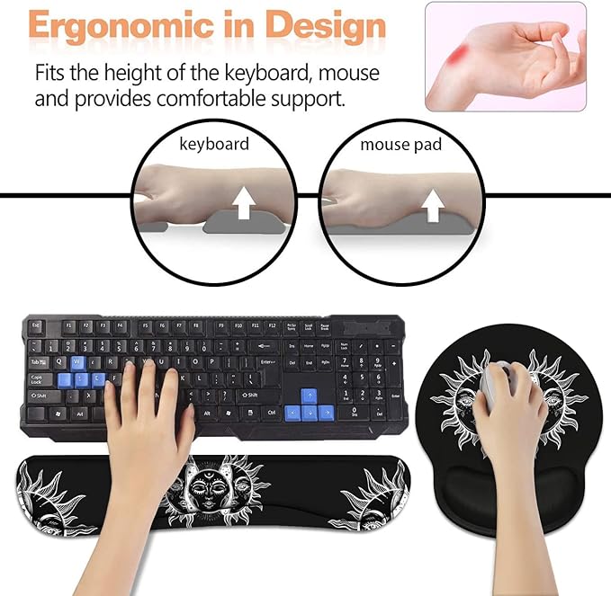 Keyboard Wrist Rest + Mouse Pad Wrist Support Set with Coasters, Moon and Sun with Many Fractal Faces Celestial Energy Mystic Art Wrist Mouse Pad with Non-Slip PU Base for Home Office Working Studying