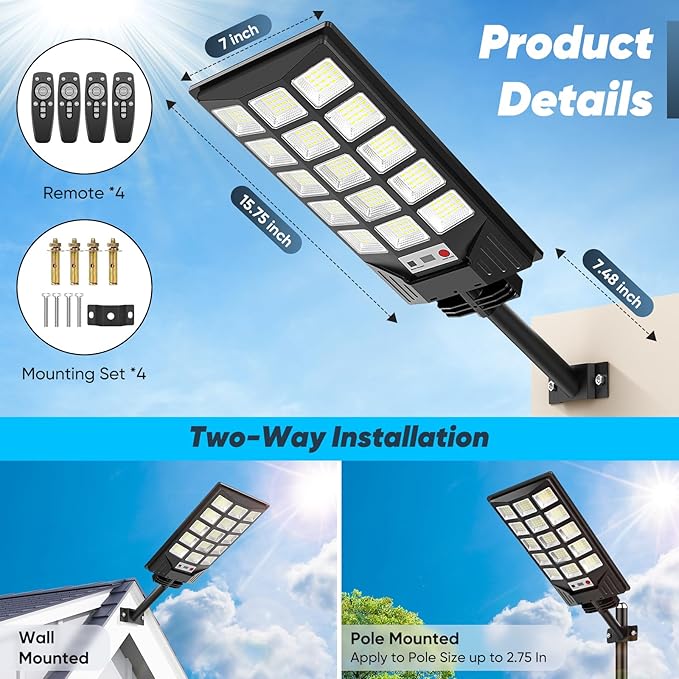 Solar Street Lights Outdoor Waterproof, 30000LM 6500K LED Motion Sensor Lights, Solar Flood Lights with Remote, Dusk to Dawn Solar-Powered Parking Lot Light, Commercial Area Lighting for Yard, 4-Pack