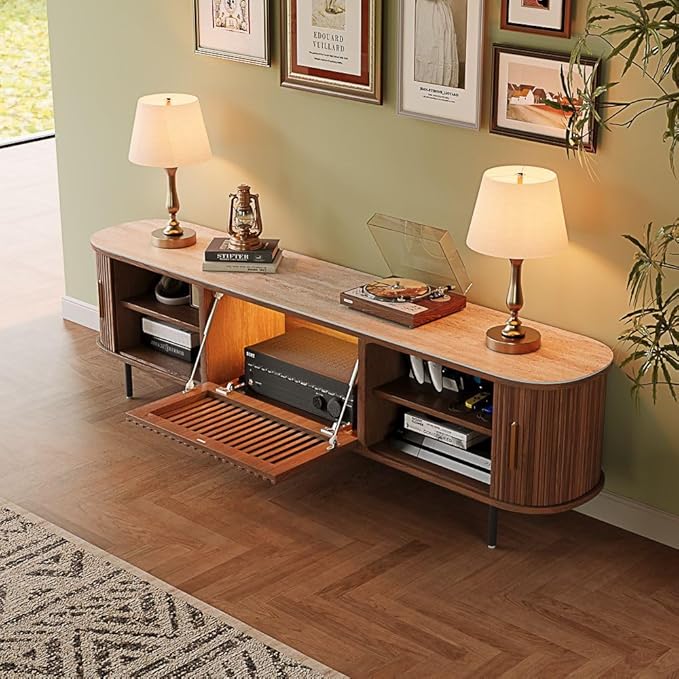 POVISON Fully-Assembled Mid Century Modern Black TV Stand with White Matte Travertine Stone Tabletop & LED Lights, Rolling Door Media Console, Wood TV Console for Living Room
