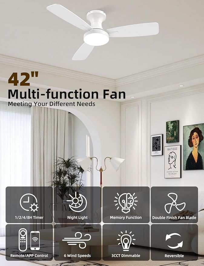 Homlit 42 inch Smart Ceiling Fan with Light, Low Profile Flush Mount with Remote Control, Ultra-Quiet Reversible DC Motor, 3 Color Temperatures & 6 Speed Dimmable Lighting for Bedroom, White