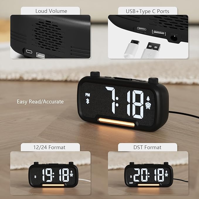 ROCAM Alarm Clock Radio with FM Radio, Sleep Timer, Auto Scan 20 Presets & Easy-Tune Knob, Wake to Radio/Beep, Bluetooth 5.0 Speaker Modern Design for Bedroom & Office