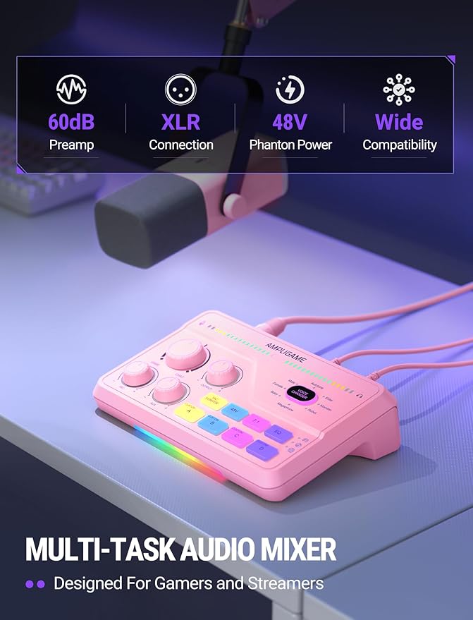 FIFINE Streaming Audio Mixer with XLR Mic Interface & 7.1 Surround Sound, Gaming RGB Mixer for PC/PS4 with Individual Volume Knob, 3 EQ Mode, 48V Phantom Power,Voice Changer-AmpliGame SC8P