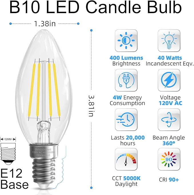 GvvooHome E12 Candelabra Bulb 40 watt Equivalent, E12 LED Bulb Dimmable Chandelier Light Bulbs, 5000K Daylight B10 Candle Light Bulbs, 90+CRI, 400LM, Clear Glass, 12 Pack