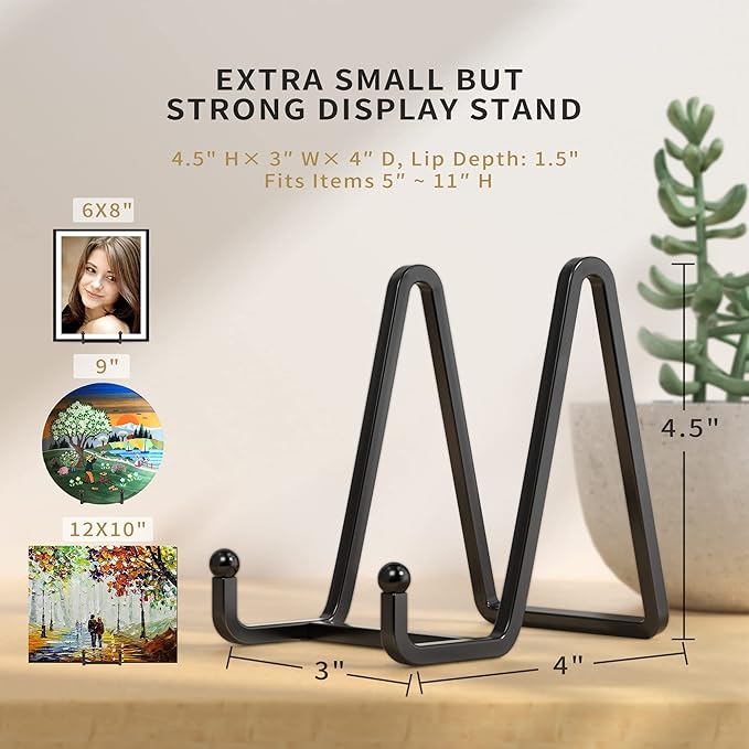 IPAME Plate Stands for Display - 4.5 Inch Metal Square Wire Plate Holder Display Stand + Picture Frame Stand Holder Easel for Book, Decorative Plate, Plaque, Photo, Platter (Black 2 Pack)