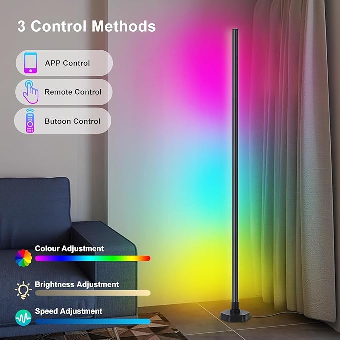 Bcmsda RGB LED Floor Lamp, RGB LED Corner Lamp with Music Sync, Remote Control Color Changing Ambience Light, 16 Million DIY Colors Timer Setting for Living Rooms, Bedrooms and Gaming Rooms
