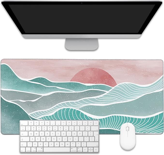 EOBKLAX Ocean Wave and Mountain Large Gaming Mouse Pad,Waterproof Desk Mat for Desktop,Non-Slip Rubber Base Mousepad with Stitched Edges for Laptop Office and Home 35.4X15.7 Inch