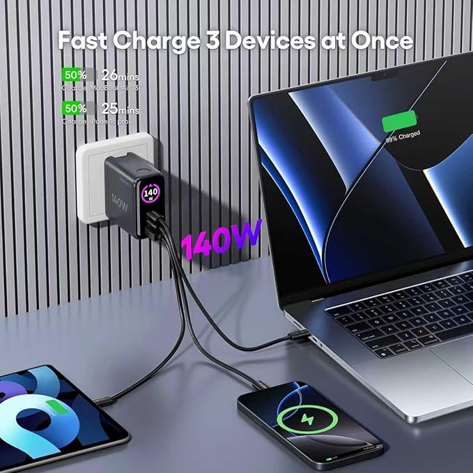 WOTOBEUS GaN Dual 140W USB C PD 3.1 Wall Charger with LED Display - PPS 100W 65W 45W 25W Type-C Laptop Power Adapter and Cable - Fit for MacBook Pro iPhone 17 16 15 iPad Galaxy S25 S24 Pixel - ETL