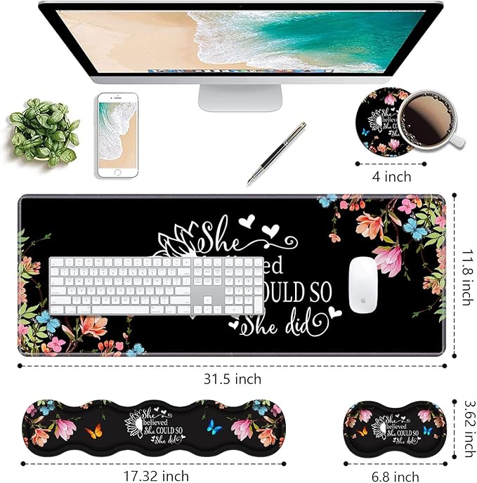 Ergonomic Keyboard Wrist Rest & Mouse Pad Wrist Rest Set, Large Gaming Desk Mat 31.5"x 11.8" with Memory Foam, Easy Typing Pain Relief for Home & Office, Floral Quote She Believed She Could So She Did