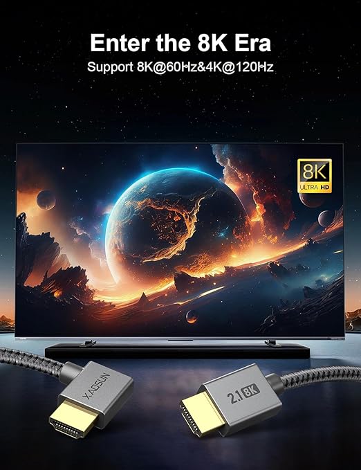 XAOSUN HDMI 2.1 Cable Right Angle 3.3FT, 48Gbps Ultra High Speed HDMI Cord 8K@60Hz 4K@120Hz Dynamic HDR eARC HDCP 2.2& 2.3 HDR10, Compatible with ps5,ps4,x-Box,roku TV,HDTV,Blu-ray,lg,Samsung