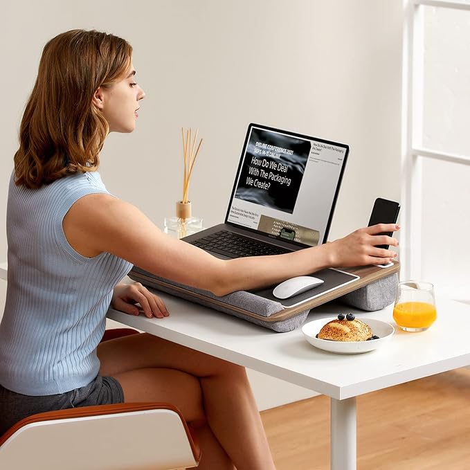 HUANUO Lap Desk - Fits up to 17 inches Laptop Desk, Built in Mouse Pad & Wrist Pad for Notebook, Laptop, Tablet, Lap Stand with Tablet, Pen & Phone Holder, Brown Woodgrain