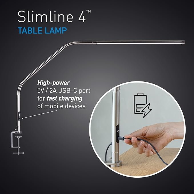 Daylight Slimline 4™ LED Table Lamp in Brushed Steel - 6,000K, 3,200 Lux, 4 Brightness Levels, USB-C Charging Port, Anti-Glare Diffuser, Flexible Design, Art & Craft, Sewing, Nail Salon