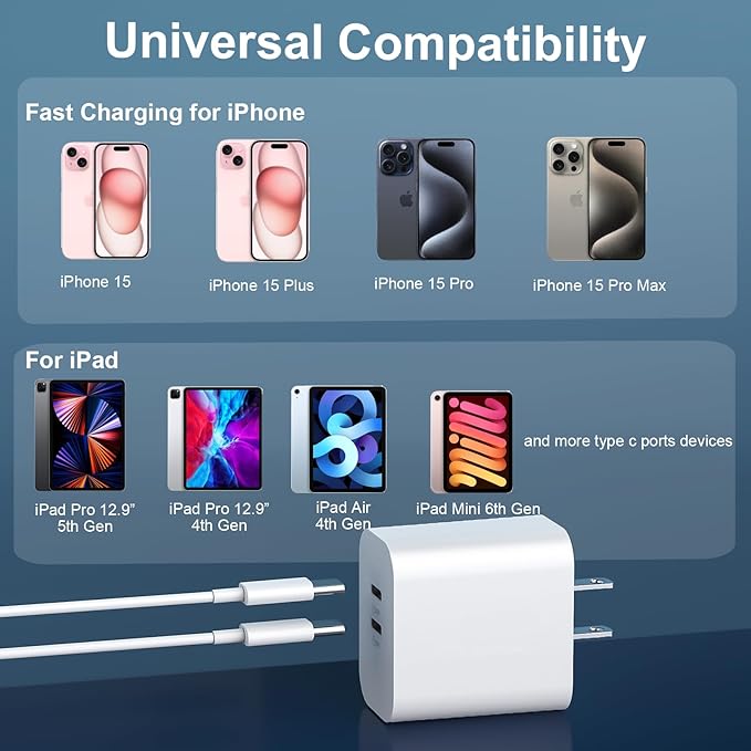 Phone 17 16/15 Pro Max Charger Fast Charging, 20W Dual Port USB C Fast Wall Charger Block with 6FT USB C to C Charging Cable for Phone 17 16 15 Pro Max/17 16 15 Pro/15/15 Plus