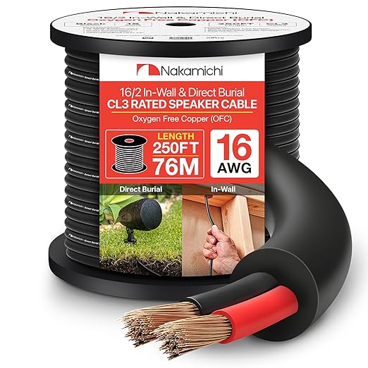 Nakamichi 16/2 (250-Foot) in-Wall & Direct Burial (UL CL2 CL3 Rated) Oxygen-Free Copper (OFC) 2-Conductor Speaker Cable Wire, Outdoor In-Ground, in-Ceiling, Riser, Black (16AWG / 250ft / 76.21m)