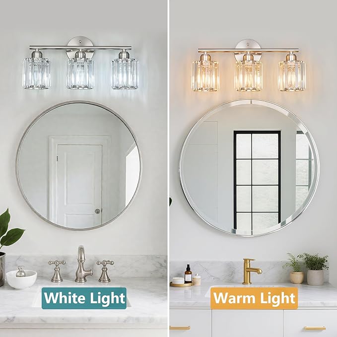 FDPBY Modern 3 Light Crystal Vanity Light, Brushed Nickel Vertical Bathroom Light Fixture Over Mirror for Dressing Table Sink, Compatible with Dimmable Bulbs (Bulbs Not Included)
