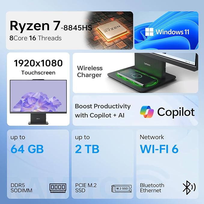 Lenovo IdeaCentre Business All-in-One PC, 27" FHD 100Hz Display, AMD Ryzen 7 8845HS, 16GB DDR5 RAM, 1TB SSD, Wi-Fi 6, Win11 Home, Wireless KB & M, Copilot-Ready, Bundle with Adata UC310 64GB