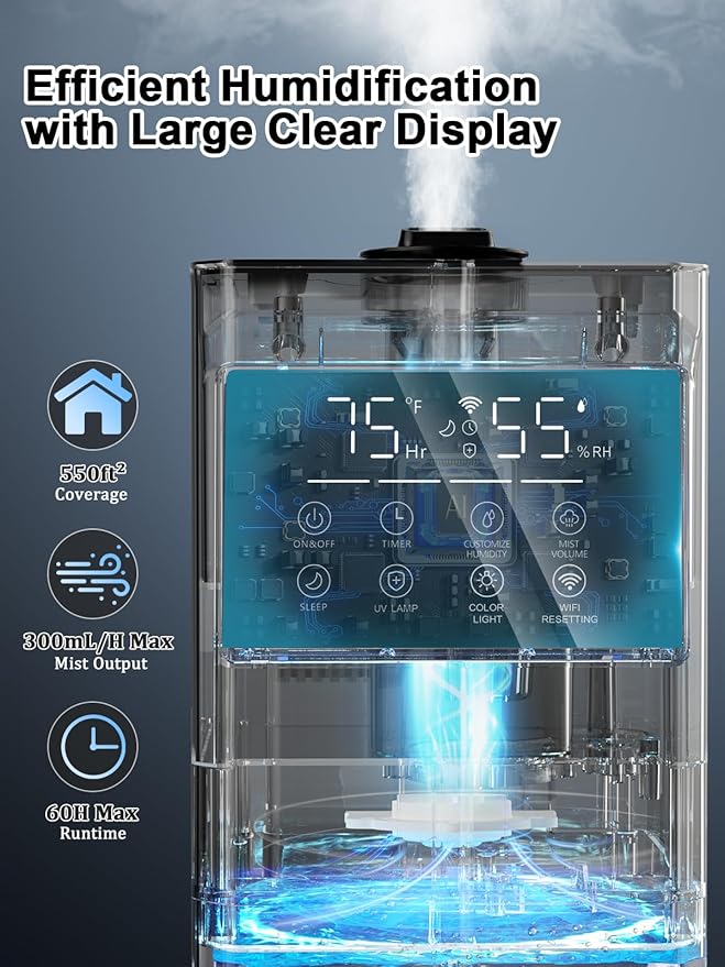 Zeova 9L/2.4Gal Smart Cool Mist Humidifier, Top Fill Quiet Humidifier Large Room, Covers 550ft², App & Remote Control, 60H Runtime, 7 Colors Light, 4 Mist Modes Humidifiers for Bedroom, Office, Black