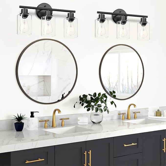 Guliaofo 3-Light Black Vanity Lights, E26 Modern Bathroom Light Fixtures with Clear Glass Shade, Wall Lamps for Mirror Kitchen Hallway Cabinet Living Room Sconces Lights