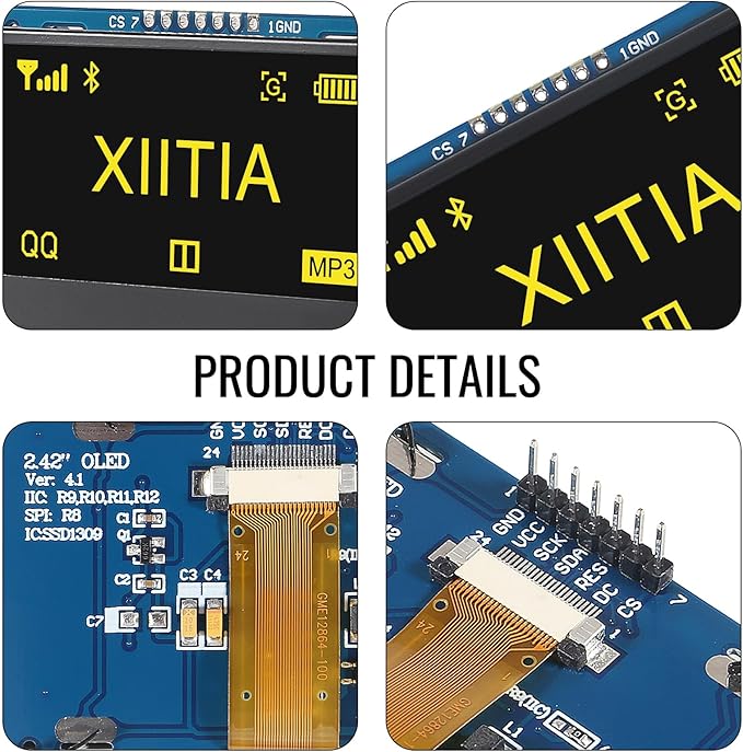 XIITIA 2pcs 2.42 inch 128x64 OLED LCD Display Module SSD1309 7 Pin SPI/IIC I2C Serial Interface for Arduino UNO R3 (Yellow Light)