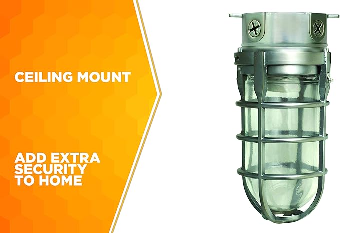 Woods L1706BS Vandal Resistant 150W Incandescent Security Light; Ceiling Mount; Compatible With Up To 50 Watt Standard Base Bulbs; Brushed Steel
