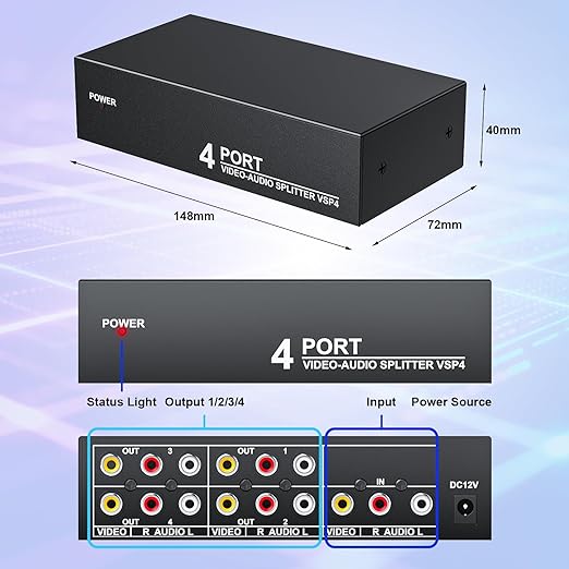 3 RCA Splitter Box 1 in 4 Out, 4 Way Composite RCA AV Distribution Duplicator 1x4, 1 Female to 4 Female, w/Power, Plug&Play, Strong, for Wii PS2 Xbox STB DVD C-VBS