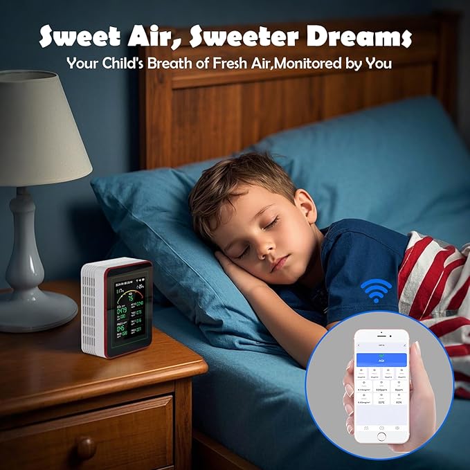 Professional 15-in-1 Air Quality Monitor with Smartphone APP - Dual Chip - Sensors Detect CO2, PM2.5/PM10, HCHO, TVOC | Real-Time Alerts & Custom Thresholds | for Home, Car, Office, Plants, Pets