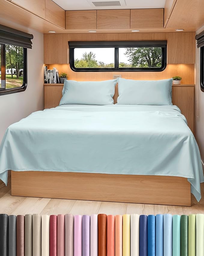 RV Short Queen Sheet Set 60 X 75 - 4 Piece RV Short Queen Bed Sheets - Soft, Breathable and Cooling - Designed for Bunks, Trailers & Campers - Fits 8” to 12" Mattress - Hotel Luxury Bedding - Ice Blue