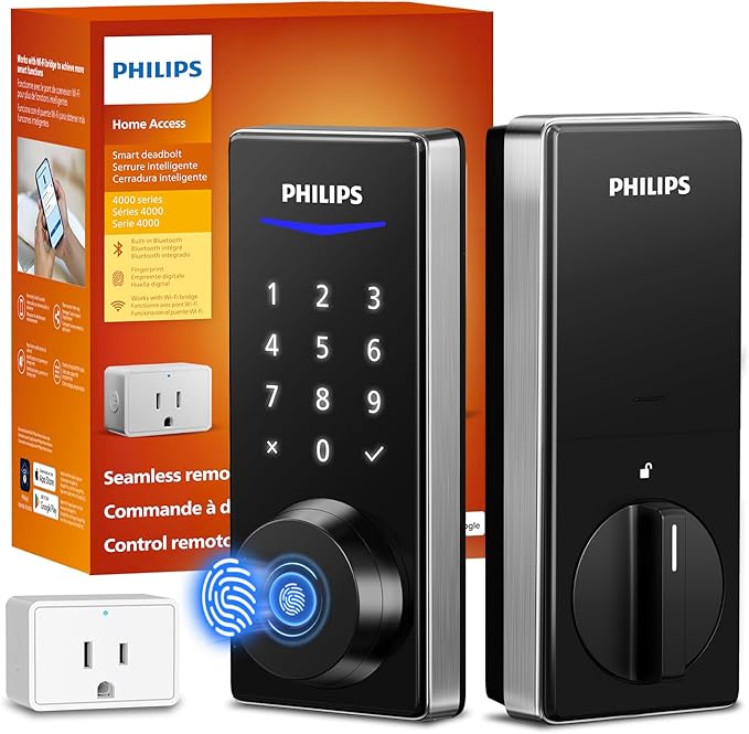 Philips Wi-Fi Smart Door Lock, Keyless Entry Door Lock with App Control,Fingerprint ID,Auto Lock,Keypad Deadbolt with Wi-Fi Bridge Adaptor,Smart Locks for Front Door-Satin Nickel