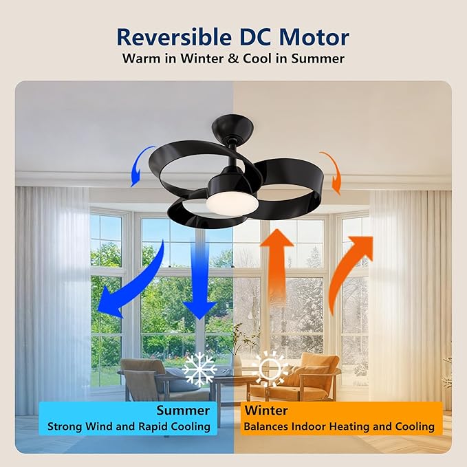 FANX 22 Inch Ceiling Fan with Light and Remote, Quiet DC Motor, Dimmable LED, Reversible 3-Speed Control, Easy Installation Flush Mount Fan for Small Rooms (Black)