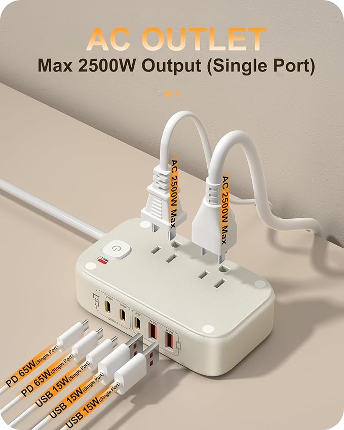 KWRNVO Power Strip with USB Ports 175W GaN 7-in-1 USB C Charging Station Type C & USB A Ports with AC Outlets 2500W for Multi Devices for Phone/Laptop/Home Appliances