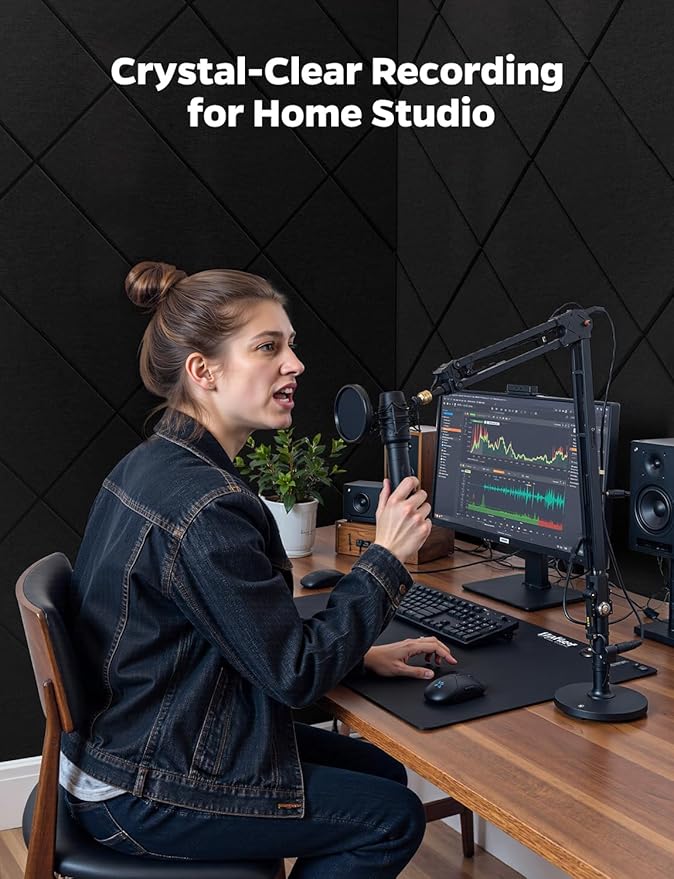 Topnaca Decorative Acoustic Soundproof Walls Panels for Room, 12 Pack Blcak Self Adhesive Sound Absorbing and Noise Reducing Tiles for Studio, Bedroom, Home Office, Ceiling, Pared, 12"x12"x0.4"